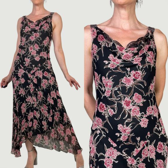 ICE silk beaded floral maxi dress long cowl neck vintage Y2K‎ pink black fairy M - Picture 1 of 17